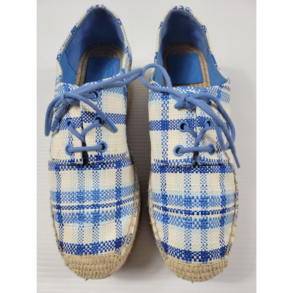 Tory Burch Blue and White Plaid Espadrille
